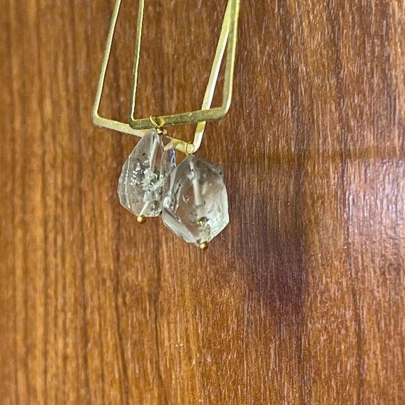 brass rectangle earrings w/ raw stone/crystal - Picture 9 of 11
